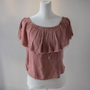 Boho Ecote Ruffle Muted Pink Rust Women's off shoulder Summer Festival Shirt